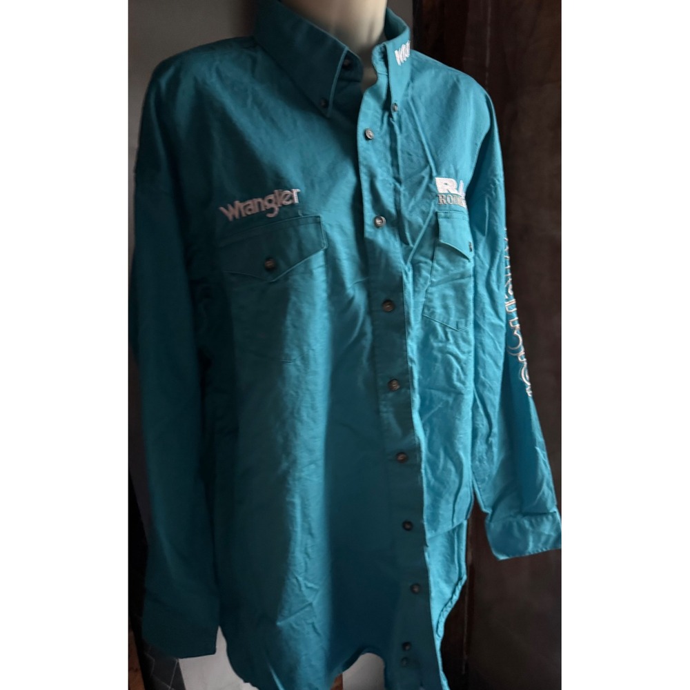 Wrangler RAM Rodeo Series Western Button Down Shirt Teal Blue Mens Large